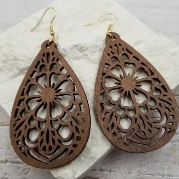 Elegant Brown Teardrop Wooden Earrings - Picture 1 of 1